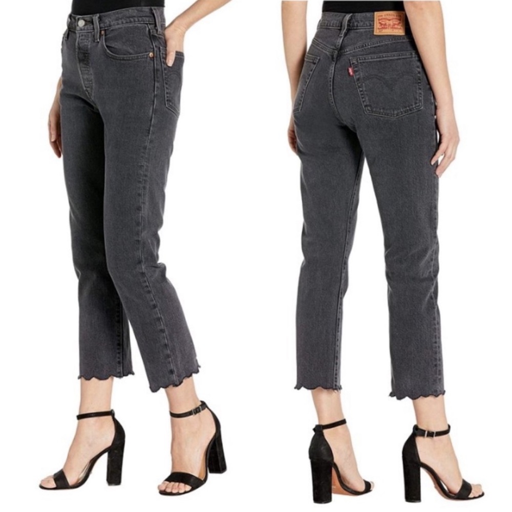 NWT LEVI’S 501 Original Cropped Jeans 24x26 Black Scalloped Hem